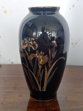 Black Ceramic Vase with Gold Floral Iris Motif